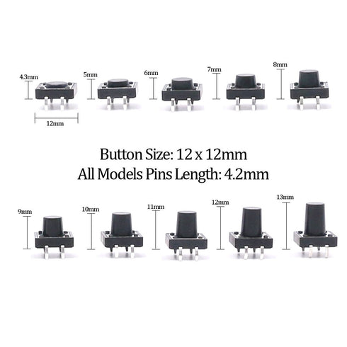 Hilitchi 250-Pcs 6 x 6mm 12 x 12mm Tactile Push Button Switch Micro Momentary Assortment Kit