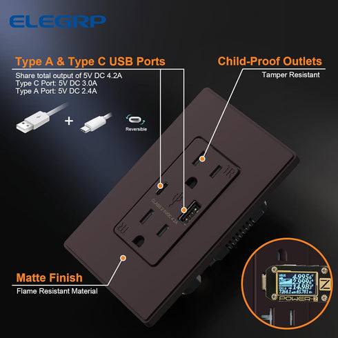 ELEGRP USB Charger Wall Outlet, USB Receptacle with USB A & USB C Ports, 15 Amp Duplex, Matte Brown