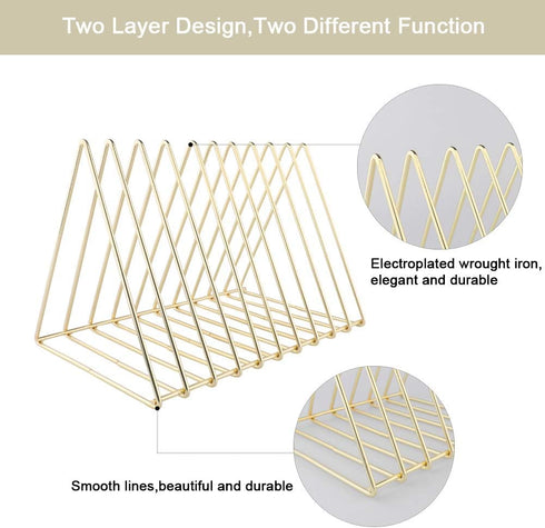 Urban Deco Gold Triangle Desk Organizers - 10 Sections Metal Wire Magazine Holder for File Folder Storage