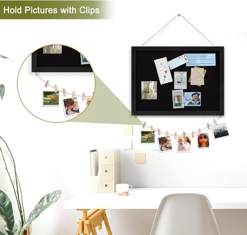 Double-Sided Black Cork Board with Linen, 24" x 18" Wood Framed Bulletin Board with 20 Pushpins
