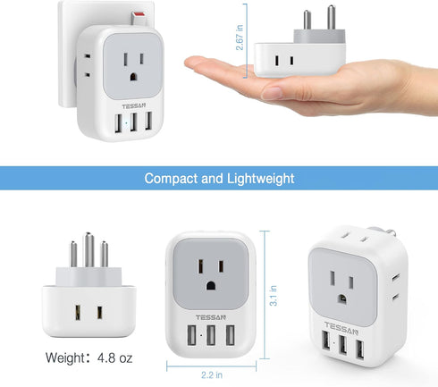 TESSAN US to India Plug Adapter, 7 in 1 Power Adapter with 4 AC Outlets, Travel Adaptor for USA to India