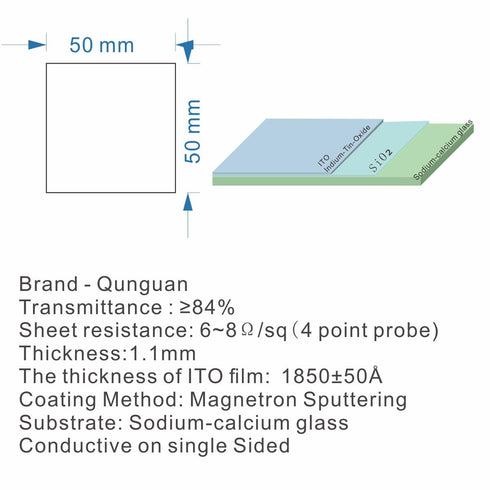 ITO (Indium Tin Oxide) Coated Conductive Glass Slides 50×50mm, Resistance 7 ohm/sq (8 Pcs)