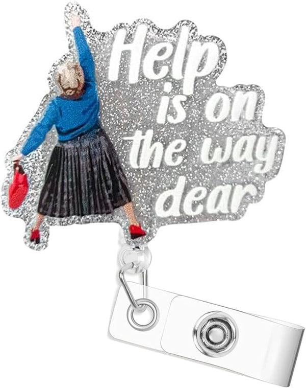 Help is on The Way Dear Badge Reel Holder, Glittering Cartoon Name Tag Card, Alligator Retractable Office Supplies