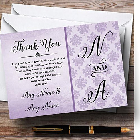 The Card Zoo Vintage Damask Initials Lilac Purple Personalized Wedding Thank You Cards