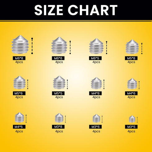 Cone Point Set Screws 48 Pcs - M3, M4, M5, M6 Hex Head Metric 304 Stainless Steel Grub Screws for Home Repairs