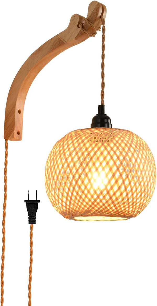 CAFULAM Plug in Wall Sconce,Farmhouse Wicker Wall Lamp Plug in,Hand Woven Rattan Wall