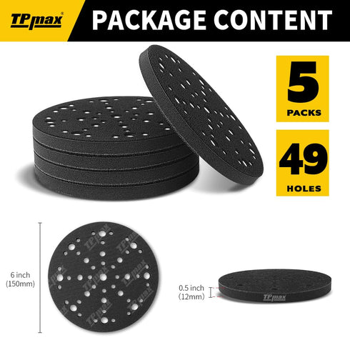 5 Pack 6 Inch 6 Inch 49-Hole TPmax Sanding Interface Pads, Hook and Loop - Soft Density Sponge Cushion Buffer Backing
