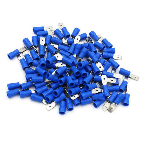 Baomain 1/4" Male Quick Disconnects Vinyl Insulated Spade Wire Connector (100PCS, 16-14AWG, 6.3mm Blue MDD 2-250)
