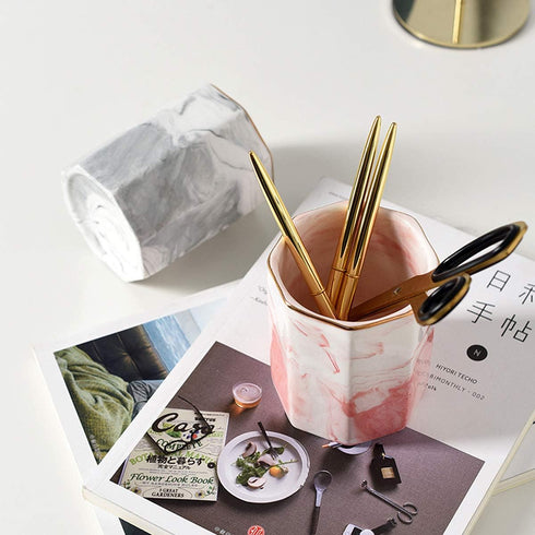WAVEYU Pink Pen Holder for Girls, Marble Ceramic Pencil Cup, Desk Organizer Decor for Graduates, Makeup Brush Holder