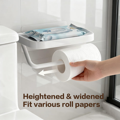 Self Adhesive Toilet Paper Holder with Shelf, No Drill Wall Mounted Bathroom Tissue Holder, Sticky TP Roll Holder