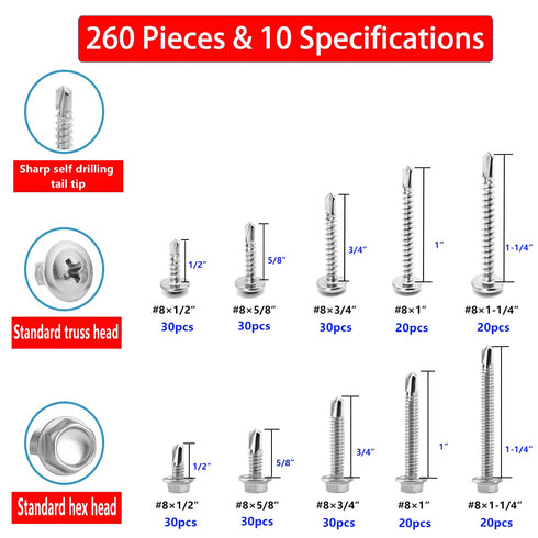 Self Drilling Screws #8 Assortment Kit, 260PCS 410 Stainless Steel Sheet Metal Screws for Metal Wood Building