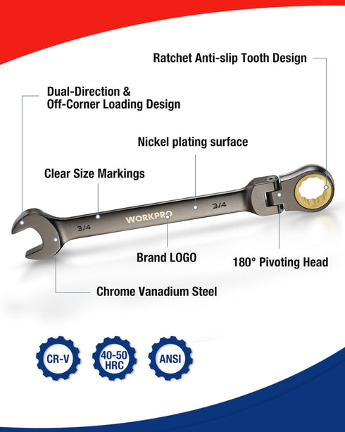 8-piece Set, 5/16-3/4 72-Teeth, WORKPRO Flex-Head Ratcheting Combination Wrench SAE in, CR-V Constructed, Nickel