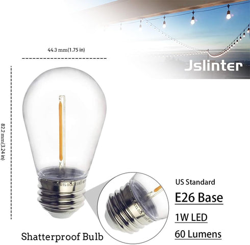 Jslinter S14 1W Outdoor String Lights Bulbs LED, Shatterproof & Waterproof, 2200K Warm White, 11W Equivalent, E26 Base, Edison Vintage Style Replacement for Patio Garden, 16-Pack by Jslinter