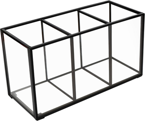 Tempered Glass Pencil Holder for Desk, 3 & 4 Compartments Desktop Storage Organizer for Office and School Supplies