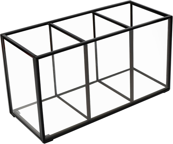 Tempered Glass Pencil Holder for Desk, 3 & 4 Compartments Desktop Storage Organizer for Office and School Supplies