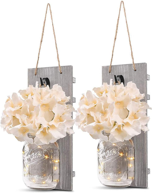 YI LIGHTING Set 2 of - Rustic Wall Sconces - Mason Jars Sconce with Remote Control, Flowers, LED Fairy Lights for Home