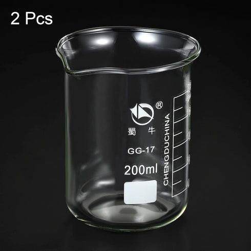 PATIKIL 200ml Low Form Glass Beaker, 2 Pack, 3.3 Borosilicate Glass Measuring Cups with Spout for Kitchen Lab