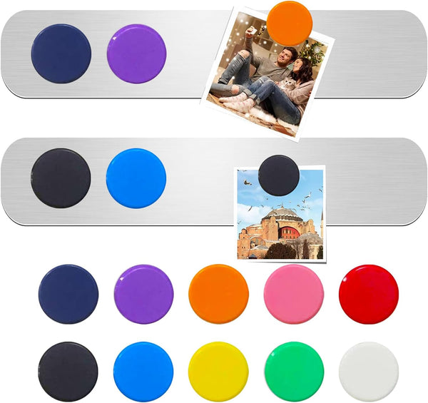 Stainless Iron Strips Bulletin Bar Board Adhesive Frameless Magnetic Strip with 10 Colorful Magnets and 8 Adhesive Tape