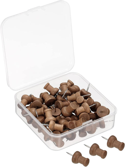 PATIKIL Wooden Push Pins, 50 Pack Decorative Thumb Tacks for Map Picture Hanging Office Supplies, Brown