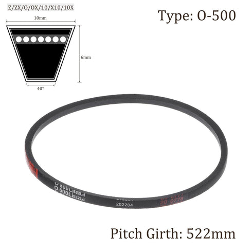 O-500 V-Belts, 522mm Pitch Length x 10mm Width x 6mm Thickness Rubber Drive Belt for Power Transmission, Black