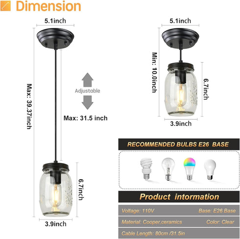 1-Light Glass Mason Jar Light Fixtures, Kitchen Island Lighting, Farmhouse Pendant Lights Kitchen Island, Adjustable
