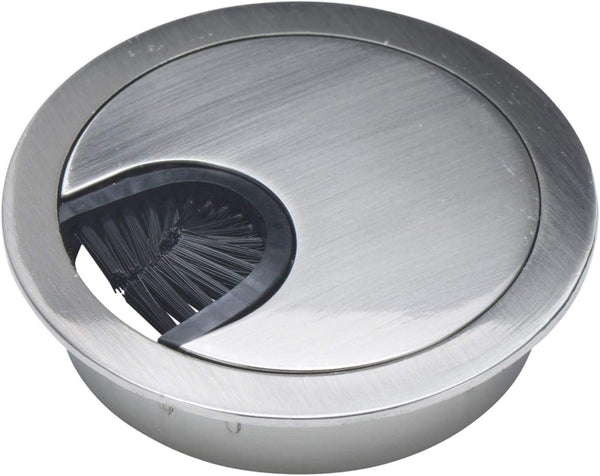 Satin Nickel Metal Cable Grommet | 2 Piece with "Lock in" Feature and "Brush" Opening for Desk Wires | 60mm Hole Opening