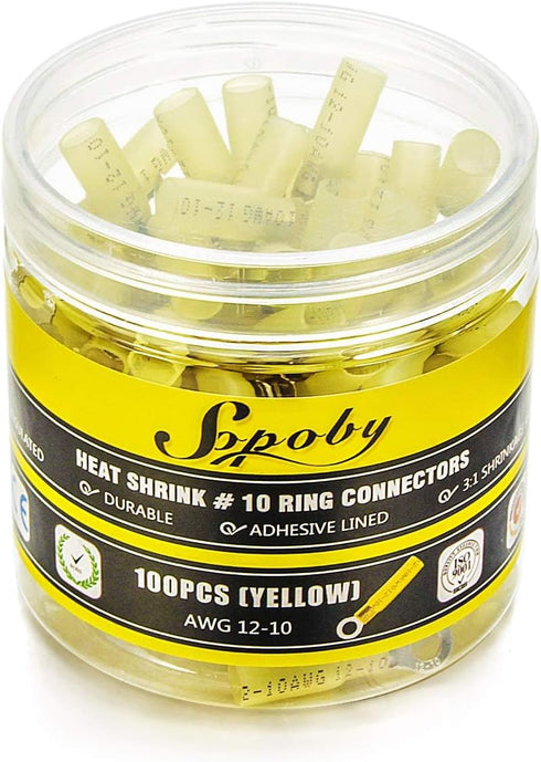 100PCS Heat Shrink Ring Connectors #10 Yellow, 12-10 AWG, Sopoby Electrical Connectors for Automotive Marine