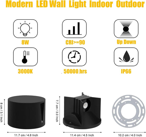 8W 3000K Kawell Modern LED Wall Sconce Light Up Down Waterproof Outdoor Wall Lamp Indoor Hardwired for Bedroom Bathroom
