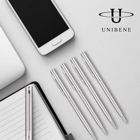 Unibene 6 Pack Slim Stainless Steel Retractable Ballpoint Pens, Medium Point (1 mm) - Black Ink Gift Set