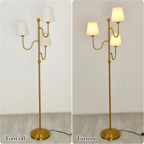 Dimmable 3 YYJLX Modern Floor Lamp with Switch Light Tree Standing Tall Lamp with Linen Drum Shade Mid Century Gold