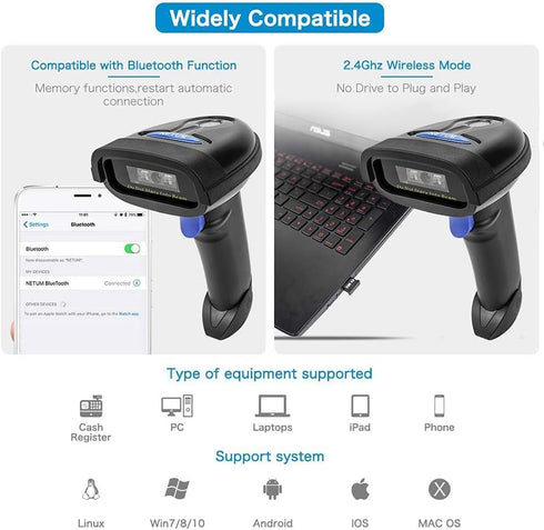 NETUM NT-1228BC Bluetooth Barcode Scanner, Wired & Wireless Connection, Compatible with Smart Phone, Tablet, PC, CCD