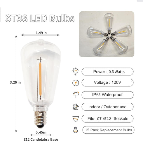 10 Pack ST38 Bulbs, Bulbs, E12 Dimmable Edison Replacement Warm White LED Clear Base, Energy-Efficient, Waterproof