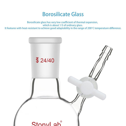 stonylab 100 ml Borosilicate Glass Single-Neck Reaction Flask with 24/40 Joint and PTFE Stopcock Valve