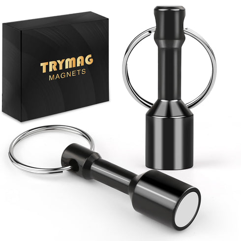 TRYMAG N52 Keychain Magnets, 2 Pack Black Neodymium Pocket Keychain for Testing Brass, Strong Magnetic Holder