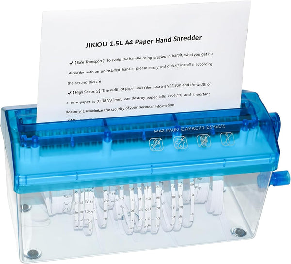 JIKIOU Standard A4 Paper Hand Shredder, Portable Manual Shredder for Home Office Desktop (Blue)