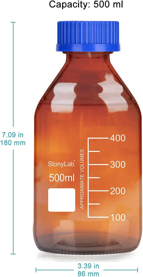stonylab Storage Bottles with GL45 Screw Cap, 500 ml Amber Borosilicate Glass Graduated Round Storage Bottle for Lab Reagent Media Storage Bottles with Blue Screw Cap, 1 Pack by stonylab