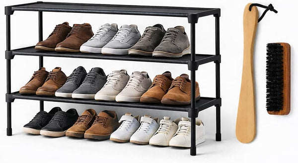 Generic 3-Tier Stackable Shoe Rack Organizer with Handle & Cleaning Brush, Adjustable Metal