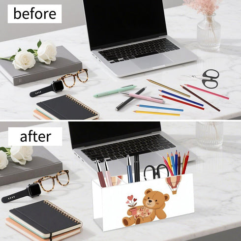 Ainavmxzs 4 Cute Brown Bear Acrylic Bow Pencil Holder With Compartments Hair Stuff Organizer Makeup Storage Bar Cart