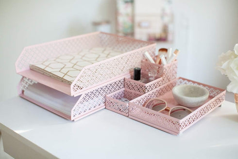 BLU MONACO Office Supplies - Pink Desk Accessories for Women, 6 Piece Interlocking Desk Organizer Set
