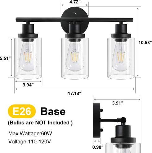 Unicozin 3 E26 Modern Bathroom Light Fixtures, Light Vanity Lights, Black Wall Lamp with Clear Glass for Bathroom