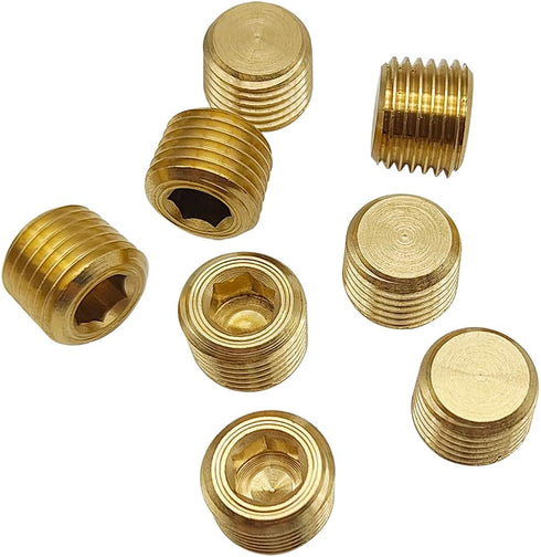 8 Pack 1/4 Inch NPT Male Brass Hex Counter Sunk Pipe Plug Kit for Water, Gas, Oil, Internal Hex Socket