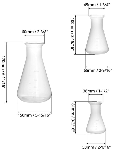 QWORK Erlenmeyer Flask, 3 Pack Clear Plastic Conical Flask for Educational Lab, 50ml+100ml+500ml Capacity
