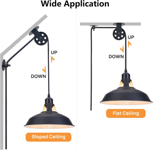 14.76ft 1 Pack Lomoky Plug in Pulley Pendant Light with Cord On/Off Switch, Industrial Barn Black Hanging Lights