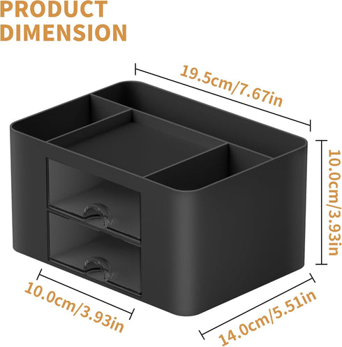 Marbrasse Pen Organizer with 2 Drawers, Multi-Functional Pencil Holder for Desk, 5 Compartments + Drawer (Black)