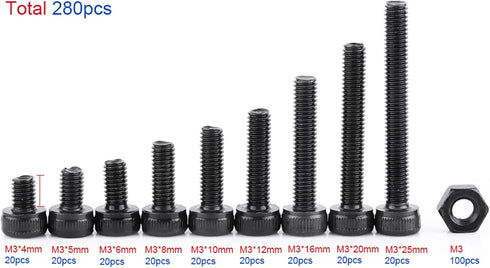 Walfront M3 Screws Assortment Kit with Storage Case, 280PCS Button Head and Socket Head Screws, Bolts, Nuts