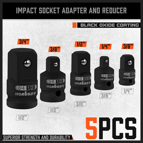 HORUSDY 5-Piece Impact Socket Adapter Set, 1/4, 3/8, 1/2" SAE Socket Adapter, Cr-V Steel Impact Adapter Set by HORUSDY