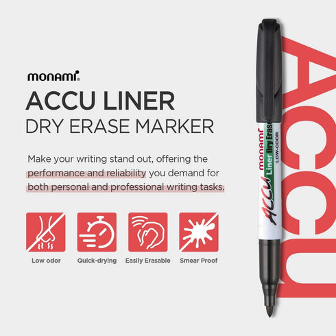 MONAMI Accu Liner Dry Erase Markers, Fine Tip (1.5mm), Low-Odor Black Whiteboard Markers, 12-Count