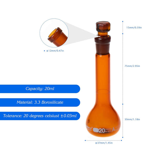 ALWSCI 20 ML Volumetric Measuring Flask Set, 2 PCS, Amber Glass Stopper, Graduated ASTM Class A Borosilicate Glass