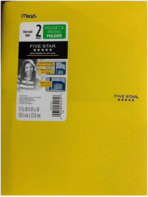 Mead Five Star Plastic 2-Pocket & 3-Prong Folder, Yellow (34609)