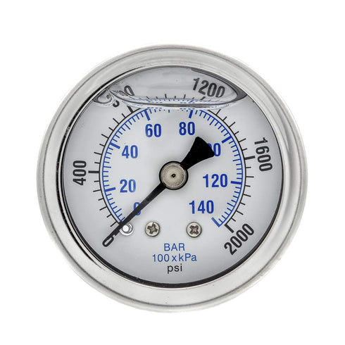 PIC Gauges 202L-158O Center Back Mount Glycerine Filled Pressure Gauge, 1.5" Dial, 0/2000 psi Range